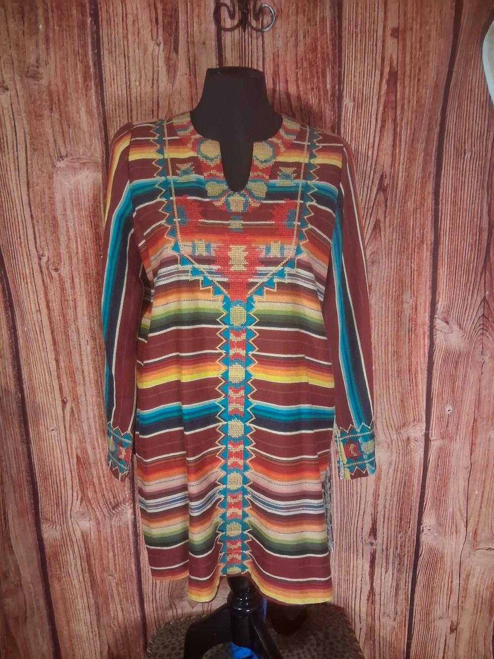 Bohemian Striped Embroidered Tunic Dress - Multicolor